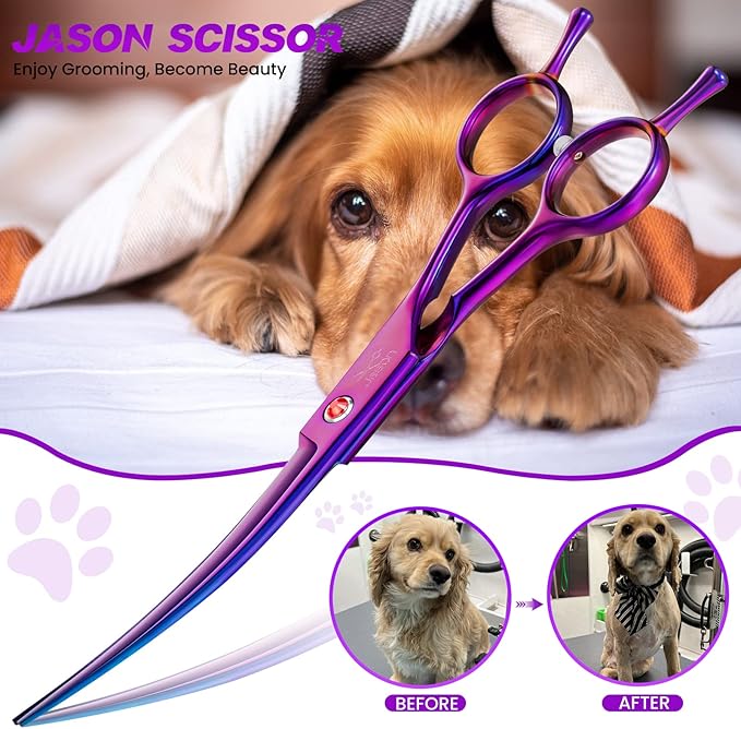 JASON Curved Dog Grooming Scissors - 7" Up-Curved Trimming Shears Purple