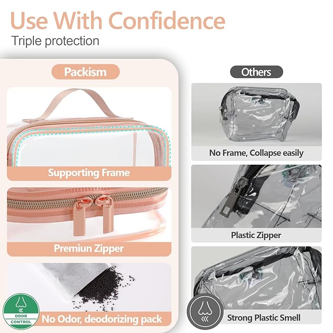 PACKISM Clear Makeup Bag Travel - TSA Approved Toiletry Bag, 2 Rose Pink