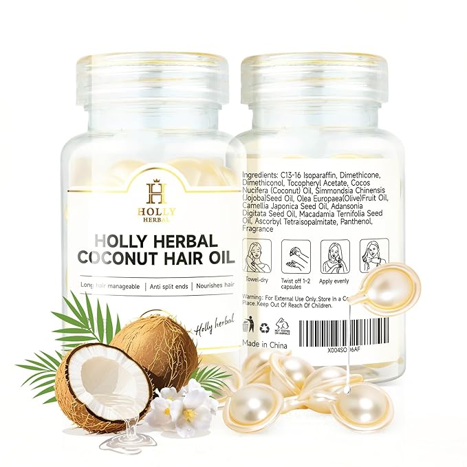 H HOLLY HERBAL Hair Oil - 30 Hair Care Capsules -Coconut Oil Hair with Jojoba, Olive, Macadamia Oils-Vitamins A, E, & Pro B5 - No-Rinse Hair Treatment for Women & Men