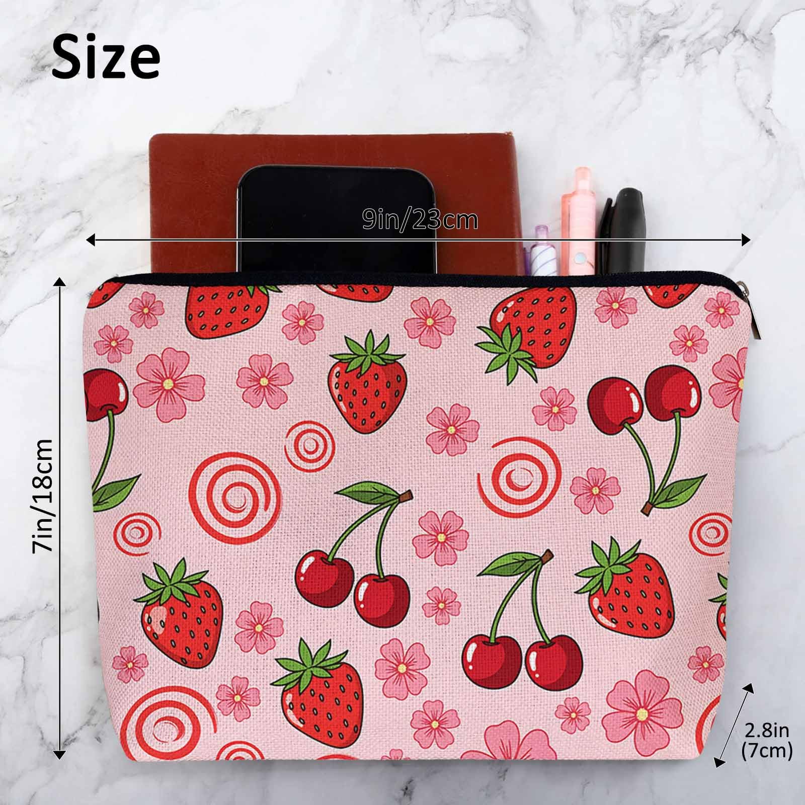 Kalygon Strawberry Makeup Bags Makeup Organizer, Summer Strawberries Cherries Pink Flax Toiletry Bags Travel Cosmetic Bag Makeup Purse Pouch Skincare Bag Wallet Bags For Women Female Mom Daughter
