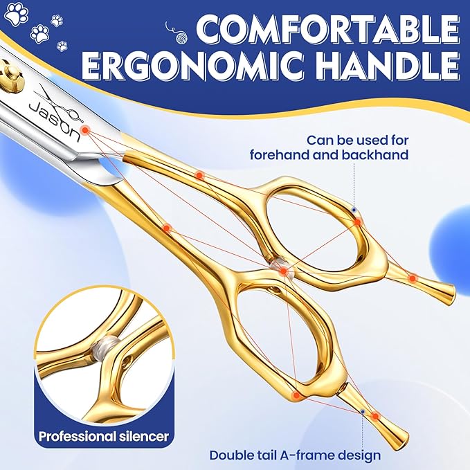 JASON Curved Dog Thinning Scissors - 7" Grooming Shears Ergonomic Updated