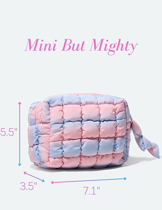 Yarnic Blue Pink Quilted Makeup Bag Puffer Cosmetic Bag, Blue Pink, S