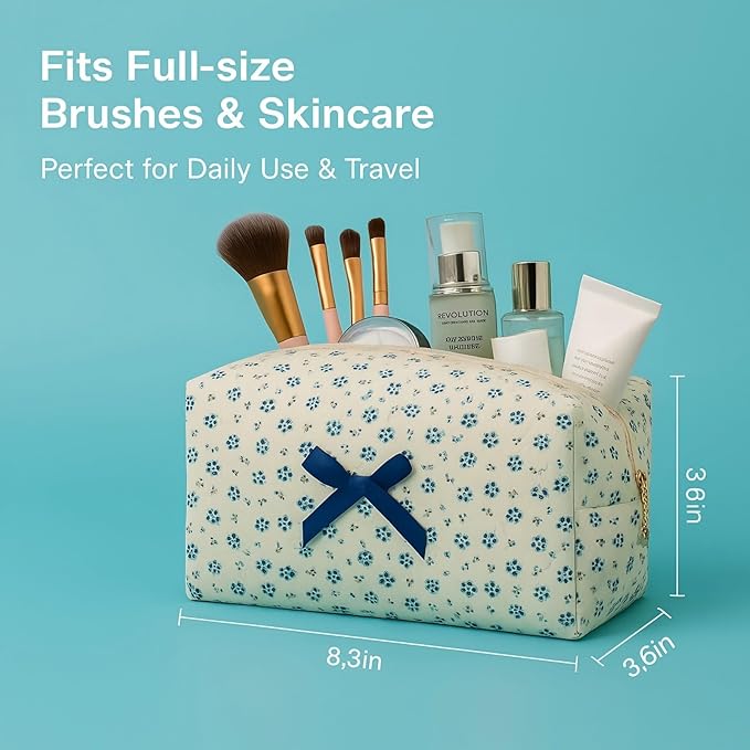 OIMEI Floral Quilted Cotton Makeup Bag for Women, Large Capacity Travel Cosmetic Pouch with Zipper, Cute Toiletry & Brush Organizer, Kawaii Makeup Storage Case – Navy Floral