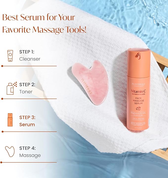 PLANTIFIQUE Vitamin C Serum Korean for Guasha Massage, Slow-Absorbing | Hydrating, Dark Spot Face Serum, 1.01 fl oz, with Collagen & Peptides for Even Skin Tone & Glowing Skin