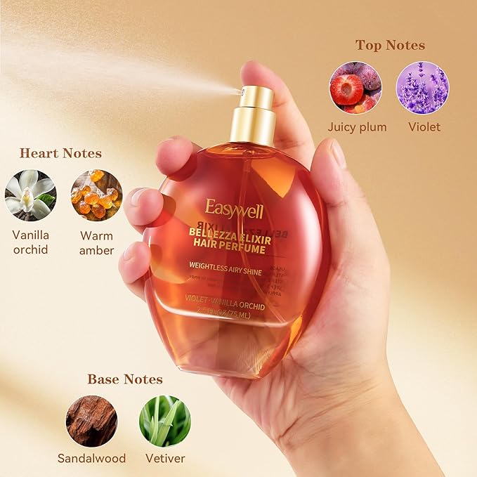 EASYWELL Hair Perfume for Women, Christmas Gift Birthday Gifts for Mom and girls, Leave In Conditioner Spray with Vitamin B5, Hair Care Fragrance, Hair Oil Mist, Violet Vanilla Orchid, 2.5 Fl Oz