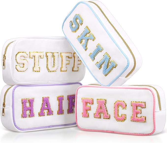 Cunno Preppy Makeup Bags Chenille Letter Stuff Bag Nylon Cosmetic Pouch Cases with Zipper for Women Travel Toiletry(White Set,Novel,4 Pcs)