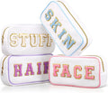 Cunno Preppy Makeup Bags Chenille Letter Stuff Bag Nylon Cosmetic Pouch Cases with Zipper for Women Travel Toiletry(White Set,Novel,4 Pcs)