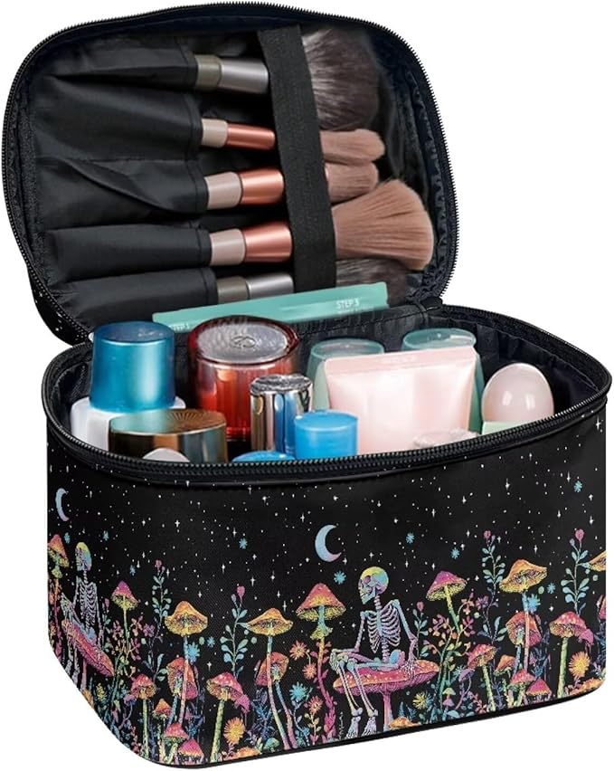 Drydeepin Colorful Mushroom Skull Floral Pattern Travel Makeup Bag for Women Large Capacity Cosmetic Bag with Zipper and Handle Portable Toiletry Bag Make Up Organizers