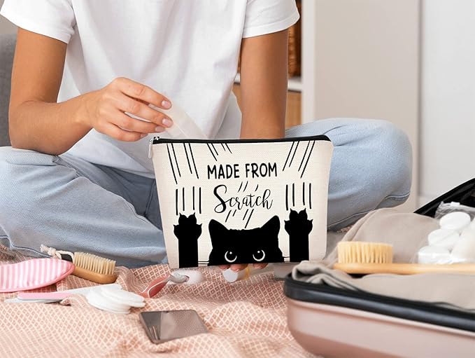 BARPERY Cat Made From Scratch Funny Kitty Kitten Paw Makeup bag,Cosmetic Bag Zipper Travel Toiletry Bag Best Gift Idea for Cat Lovers Teen Girls,Cat Owners Gifts,Birthday Christmas's Gift