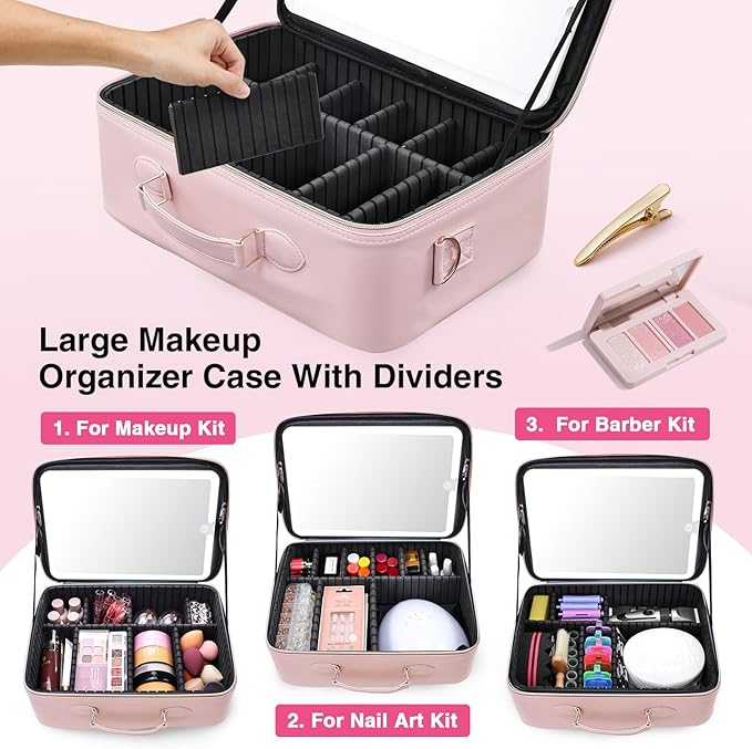 Faquenc Large Makeup Bag with LED Mirror,15”Cosmetic Train Case for Makeup Artists,Travel Makeup Organizer Case w Divider Rechargeable Vanity Mirror with 3 Color Lights for Barber,MUA,Nail Tech, Pink