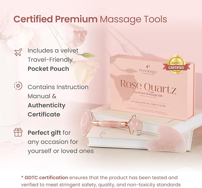 PLANTIFIQUE Rose Quartz Gua Sha & Face Roller Set, Certified Face Massager
