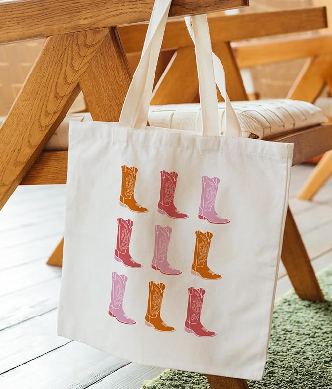 Zeghk Western Cowgirl Boots Canvas Tote Bag For Women, Western Boots Bag Cowgirl Gifts For Women, Shopping Bag Canvas Bags With Handles