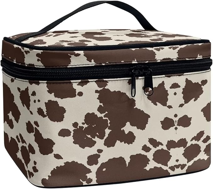 Drydeepin Cute Brown Cow Cowhide Design Travel Makeup Bags for Women and Portable Tote Cosmetic Case with Carry Handle Toiletry Accessories Storage Organizer Bags