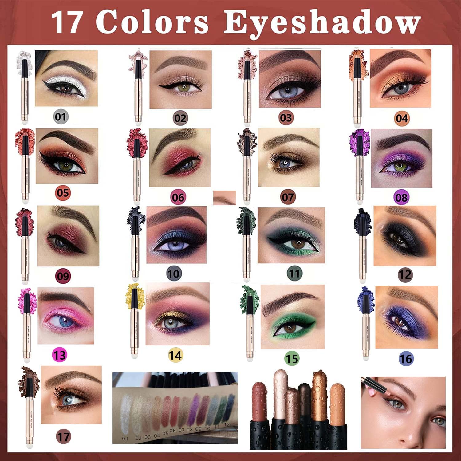 2 in 1 Rose Red Cream Eyeshadow Stick For Eye Makeup Shimmer Eyeshadow Pencil Eyeliner Palette Dark Light Matte Hypoallergenic Waterproof Long Lasting Eye Shadow Multi-Dimensional Eyes Look 06