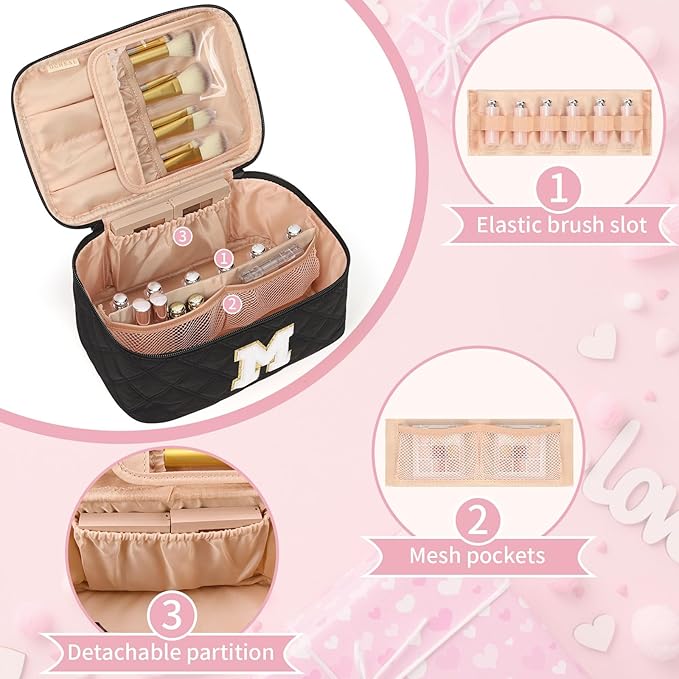 OCHEAL Makeup Bag for Women, Monogram Cosmetic Bag Black Travel Makeup Case Beauty Toiletry Bag Organizer Personalized Gifts for Girls Bridesmaid, Sister, Wife, Friends Initial M