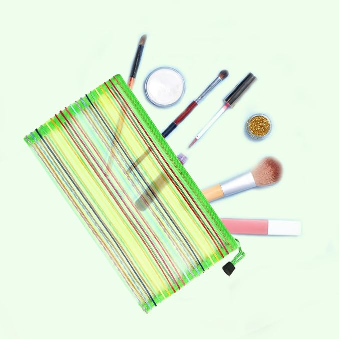 CarryEpic Mesh Bags with Zipper (6 Pack), Nylon Makeup Bag Cosmetic Pouches Travel Organizer Case for Purse Diaper Bag Home Organizing Striped Multi Size Green