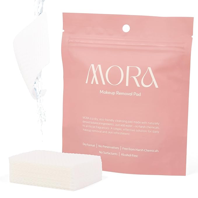 MORA Makeup Remover Pads, Water Activated Dry Dual-Sided Cleansing Pads for Face, Eyes and Lips, Reusable, 100% Vegan, Alcohol Free, Fragrance Free, Travel Friendly Korean Skincare, 30 Count