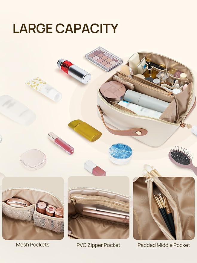 Telena Leather Make Up Bag Portable Travel Makeup Bag Waterproof Cosmetic Bags for Women Large Capacity With Handle and Divider Open Lay Flat