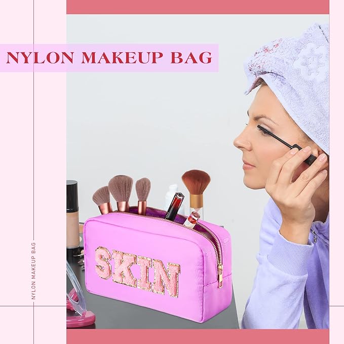 Cunno Preppy Makeup Bags Chenille Letter Stuff Bag Nylon Cosmetic Pouch Cases with Zipper for Women Travel Toiletry(Mixed Color,Classic,4 Pcs)