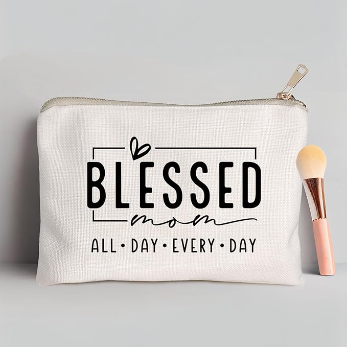 HubbgDesign Blessed Makeup Bag for Mom, Inspirational Bible Verse Cosmetic Pouch, Mom Life Travel Toiletry Bag, Mother’s Day Birthday Gift Idea for Women, Mama Vibes Makeup Case