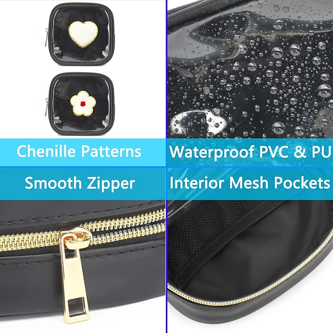 Fammart Clear Makeup Bag with 2 Cute Chenille patterns - Waterproof PU Leather Cosmetic Case, Mini Personalized Toiletry Pouch for Women & Teens, ideal for Travel & Gift