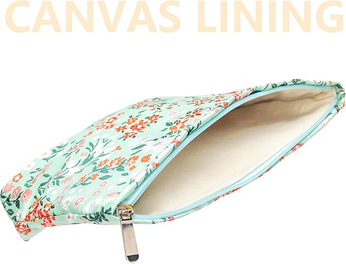 Flat Makeup Bag for Women,Zipper Cosmetic Pouch for Purse,Brocade Green