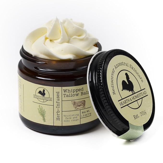 Hearth & Homestead Whipped Beef Tallow for Skin & Face - 100% Grass Fed, Eczema Cream & Body Butter - Organic Olive Oil, Calendula & Rose - Lotion & Hand Moisturizer for Dry Skin, Unscented, 1.3oz