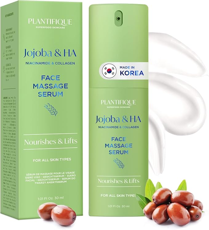 PLANTIFIQUE Korean Face Serum for Gua Sha Massage, Slow-Absorbing 1.01fl oz | Hydrating & Anti-Aging Serum with Jojoba Oil, Hyaluronic Acid, Niacinamide & Vitamin C for Glowing Skin