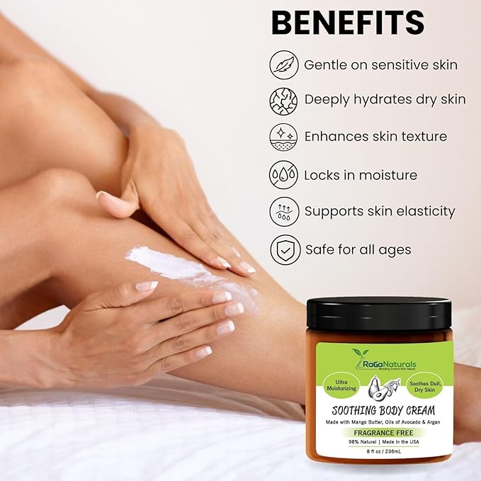 RaGaNaturals Fragrance Free Natural Hand and Body Cream - Moisturizer for Dry, Sensitive & Eczema-Prone Skin -Mango Butter, Argan Oil, Vitamin E -Unscented Non-Comedogenic Lotion for Women & Men -8 oz