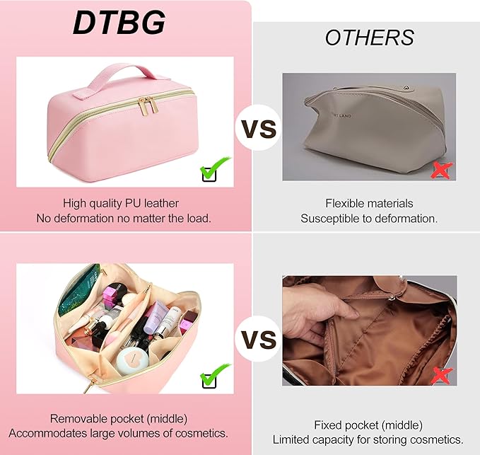 DTBG for Valentines Day Gifts, Makeup Bag for Women, PU Leather Travel Toiletry Bags, Initial Make Up Cosmetic Pouch for Teen Girls, Wide Open Portable Skincare Bag, Personalized Birthday Gifts, Pink