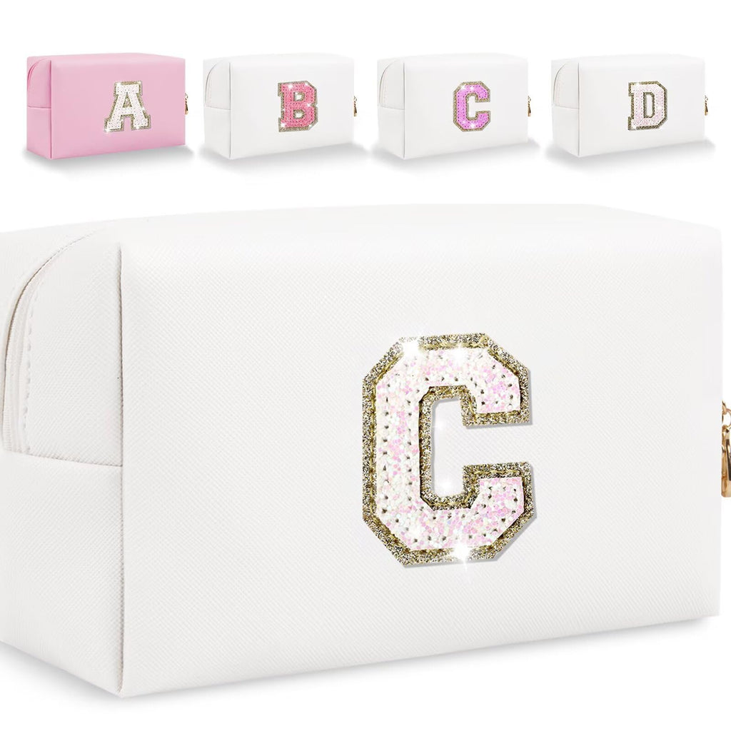 Small Personalized Glitter Initial Letter Makeup Bag, Cute PU Leather Chenille Letters Cosmetic Bag Travel Makeup Pouch, Preppy Travel Organizer Zipper Pouch for Women&Girls（White-I）
