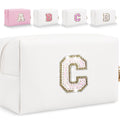 Small Personalized Glitter Initial Letter Makeup Bag, Cute PU Leather Chenille Letters Cosmetic Bag Travel Makeup Pouch, Preppy Travel Organizer Zipper Pouch for Women&Girls（White-I）