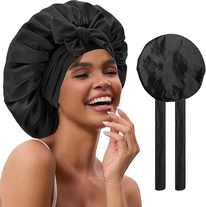 YOHTAS Satin Hair Bonnet for Sleeping Women, Double Layer Silk Bonnets for Women with Tie Band, for Braids Curly Long Hair