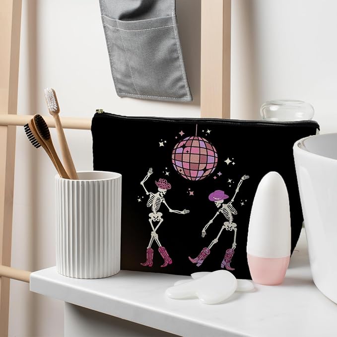 RYYCDOI Funny Disco Dancing Skeleton Makeup Bag, Goth Gothic Skull Cosmetic for Women, Halloween Gifts, Dark Academia Makeup Pouch, Horror Bag