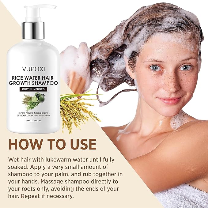 Rice Water Hair Growth Shampoo with Biotin - Ultra-Nourishing Hair Care Set, Promotes Growth, Revitalizes Shine, and Shields from Damage - 10 fl oz