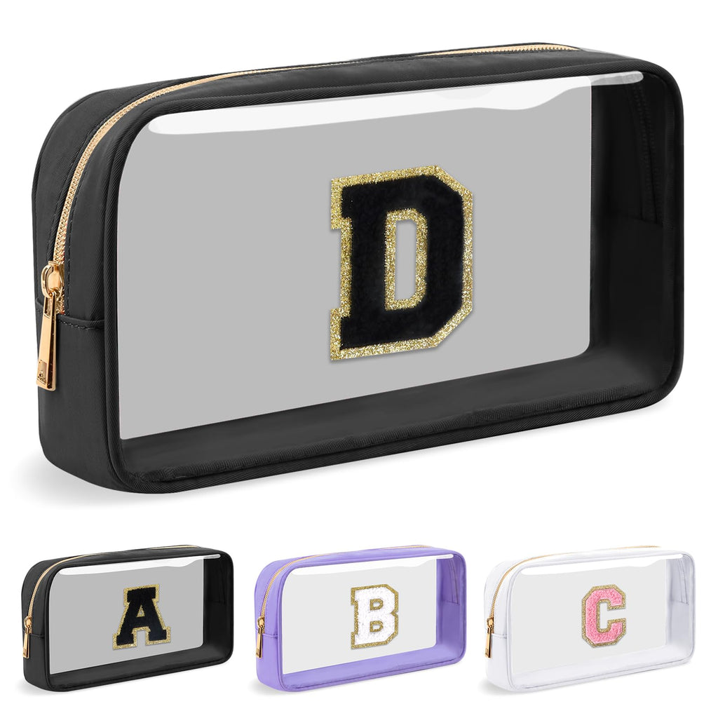 UIXIZQ Personalized Initial Letter Clear Makeup Bag,Preppy Small Nylon&PVC Cosmetic Zipper Bag with Chenille Letter,Travel Skincare Toiletry Bag,Monogram Christmas Gift for Teen Girls Women,D