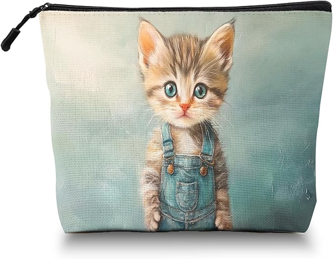Scribesense Cosmetic Bags Travel Makeup Toilet Case Waterproof Pouch for Women Girls 6.7X9.45inches - The Adorable Allure of A Kitten in Blue Overalls