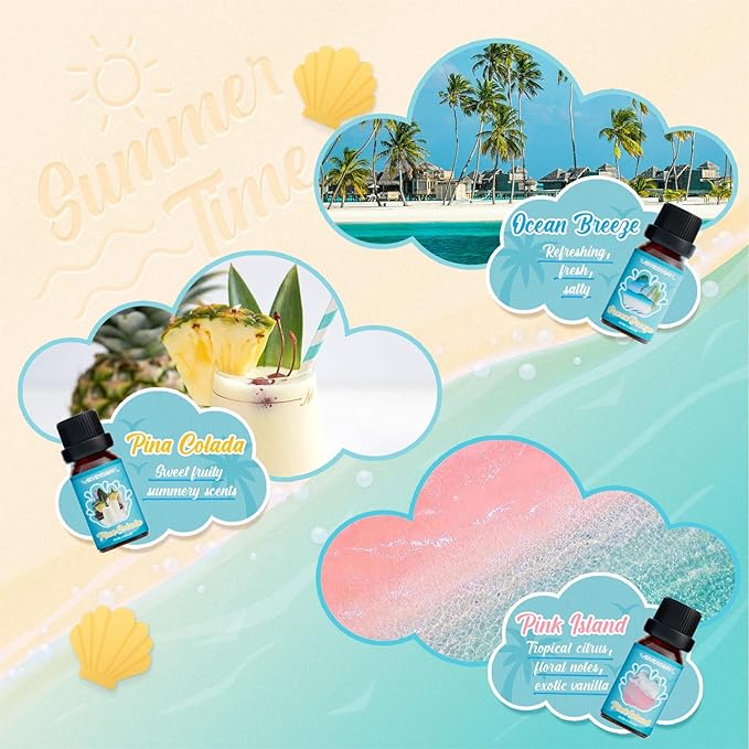 ARVIDSSON Summer Essential Oils Set, Tropical Fragrance Oil for Diffuser, Soap and Candle Making - Ocean Breeze, Pina Colada, Fresh Cotton, Pink Sand, Plumeria, Coconut, Scented Oil for Home