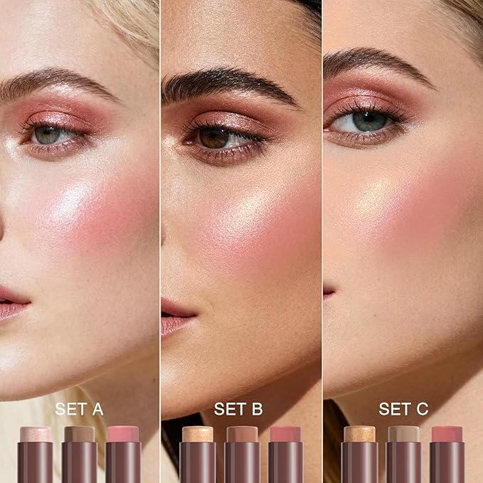 3Pcs Cream Contour Sticks, Shades with Highlighter & Blush & Bronzer Stick, Makeup Contour Stick Set for Sculpt the Cheeks Long Lasting Dewy & Matte Finish Lightweight LIGHT MEDIUM (SET-C)