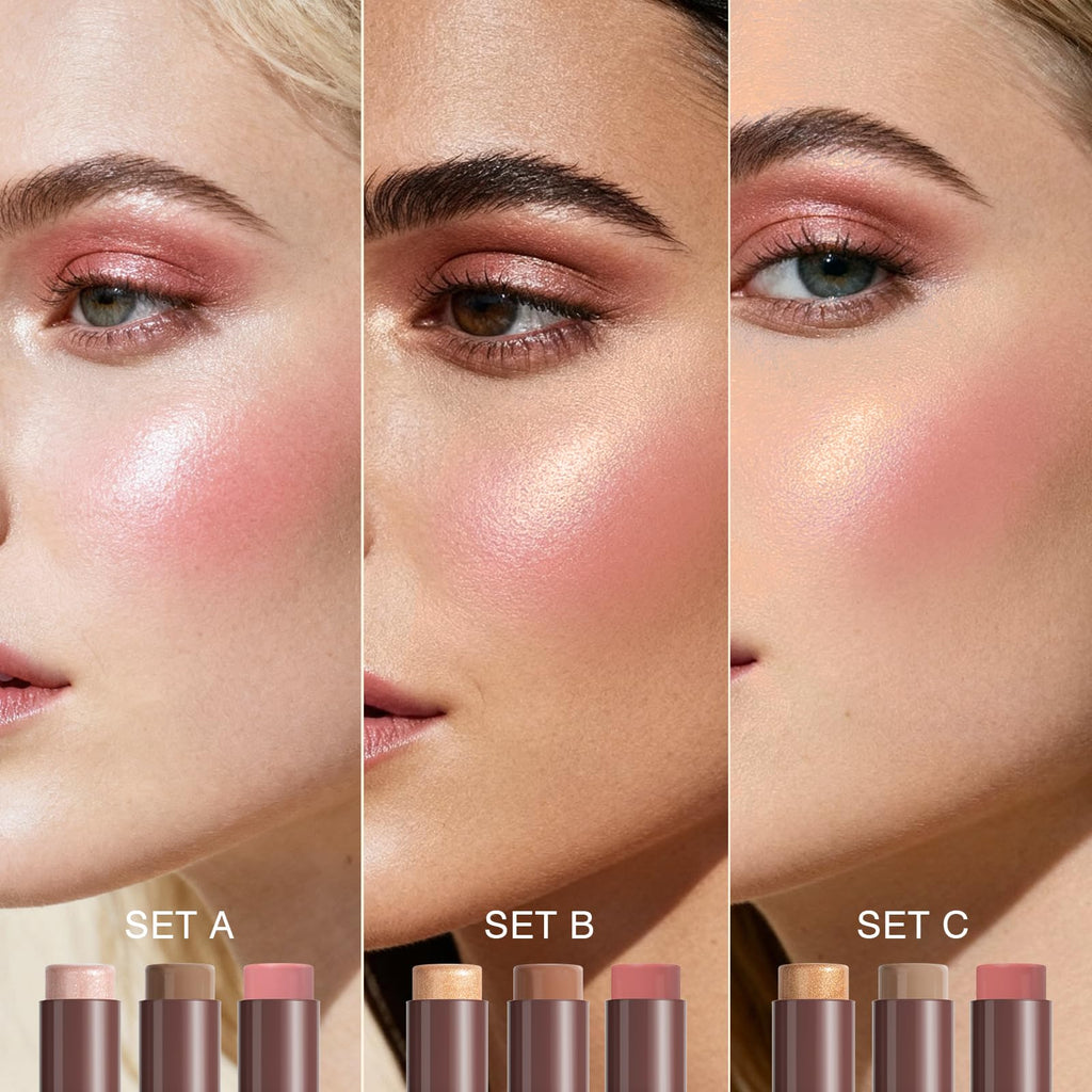 3Pcs Cream Contour Sticks, Shades with Highlighter & Blush & Bronzer Stick, Makeup Contour Stick Set for Sculpt the Cheeks Long Lasting Dewy & Matte Finish Lightweight LIGHT MEDIUM (SET-C)