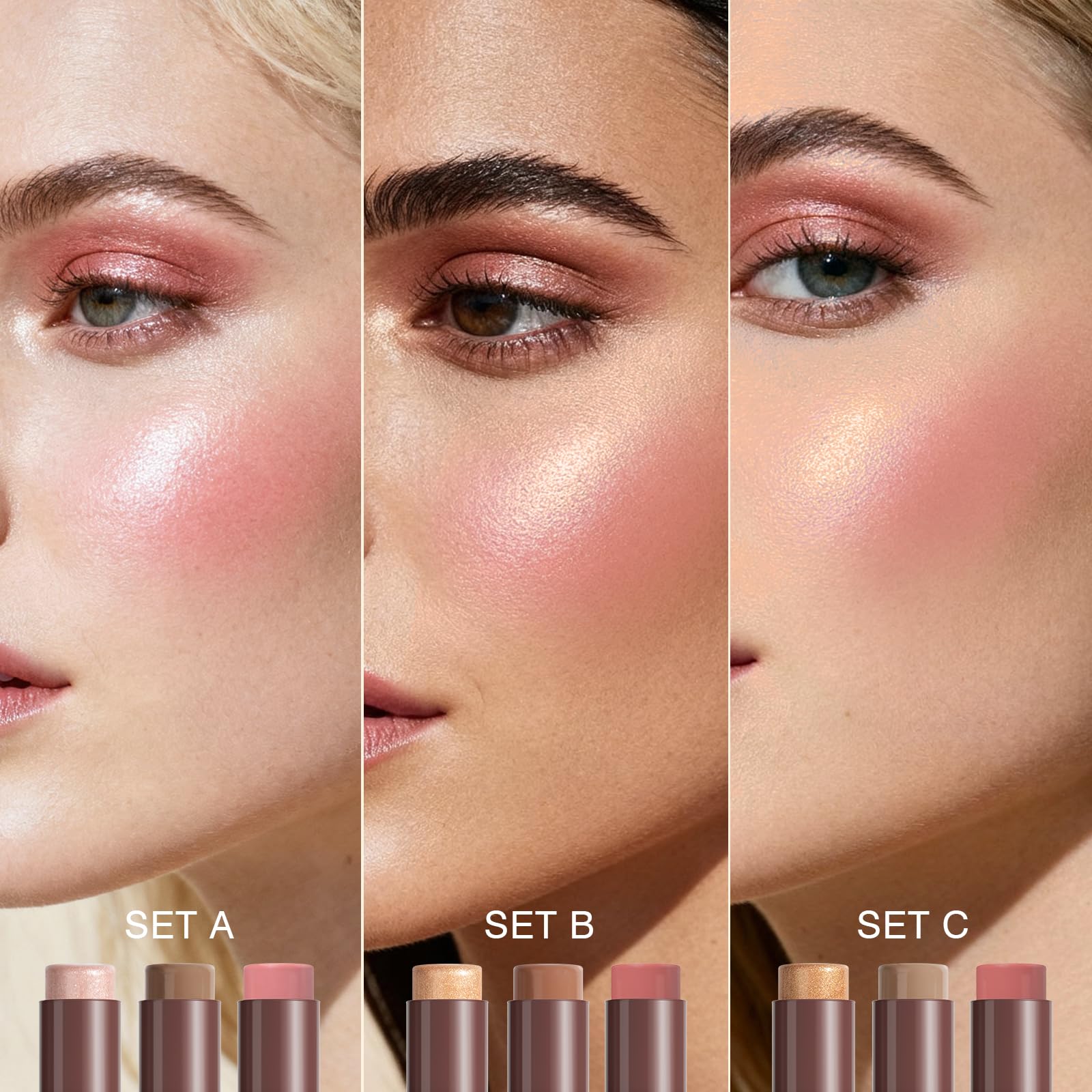 3Pcs Cream Contour Sticks, Shades with Highlighter & Blush & Bronzer Stick, Makeup Contour Stick Set for Sculpt the Cheeks Long Lasting Dewy & Matte Finish Lightweight LIGHT MEDIUM (SET-C)
