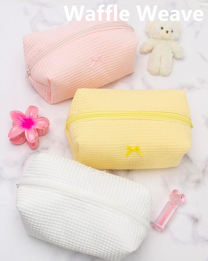 Cozy Makeup Bag for Women,Zipper Cosmetic Pouch,Waffle Yellow,2 Pack