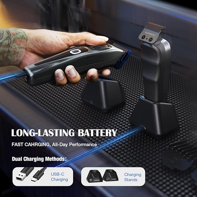 SUPRENT Professional Hair Clippers for Men - Barber Clippers & Zero-gapped Trimmer Combo with Charging Stand, Up to 10000 RPM Max Motor Speed, Blue Titanium-Coated Blades (Gray)