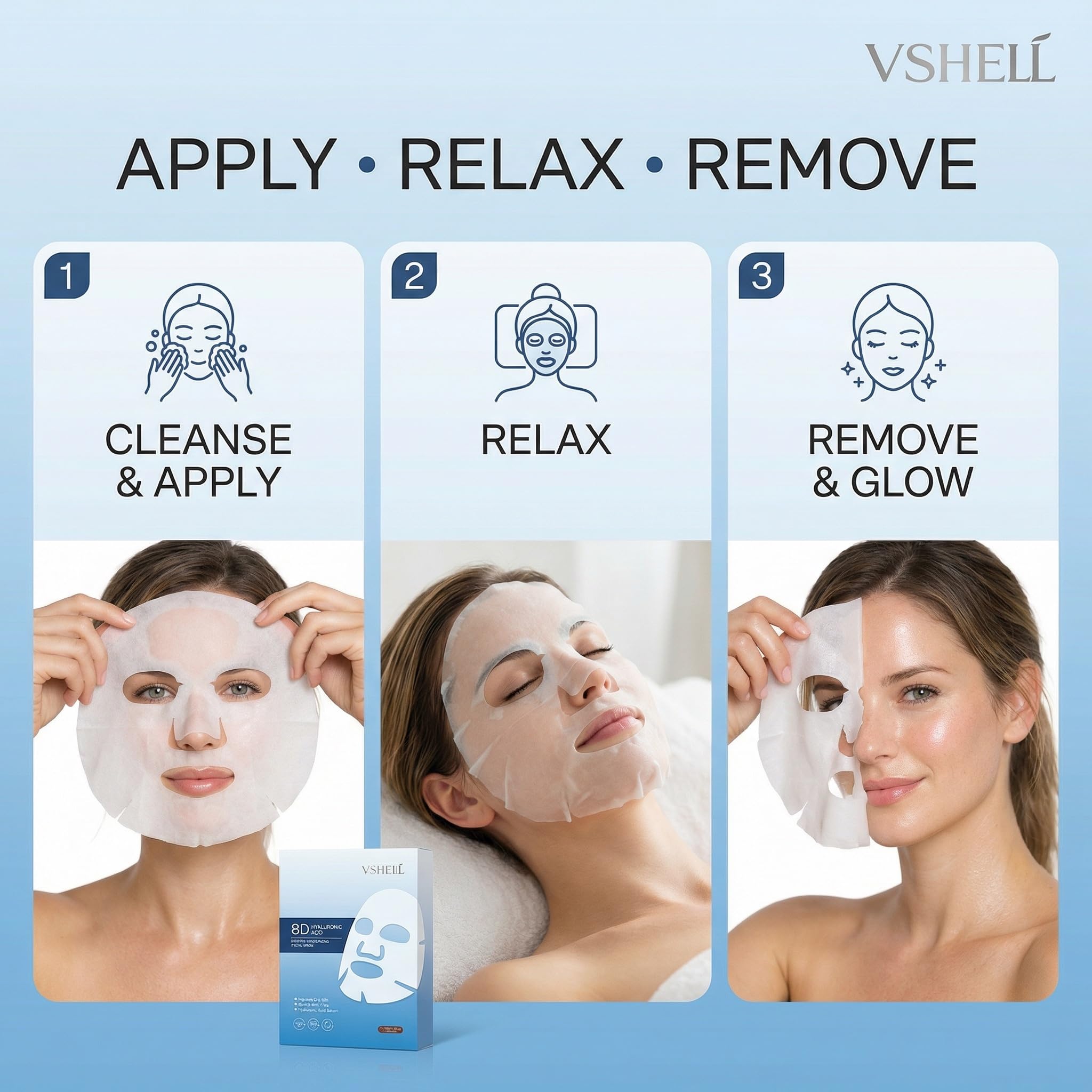 VSHELL Hyaluronic Acid Face Sheet Mask – Hydrating & Plumping Facial Mask for Dry Skin – Deep Moisturizing Skincare for Radiant Glass Skin Glow – Daily Use – 10 Pack