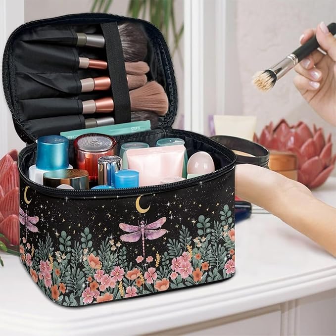 Drydeepin Dragonfly Floral Moon Pattern Makeup Bag Travel Cosmetic Bag with Zipper and Handle Portable Large Capacity Toiletry Case for Women Ladies Travel Accessories