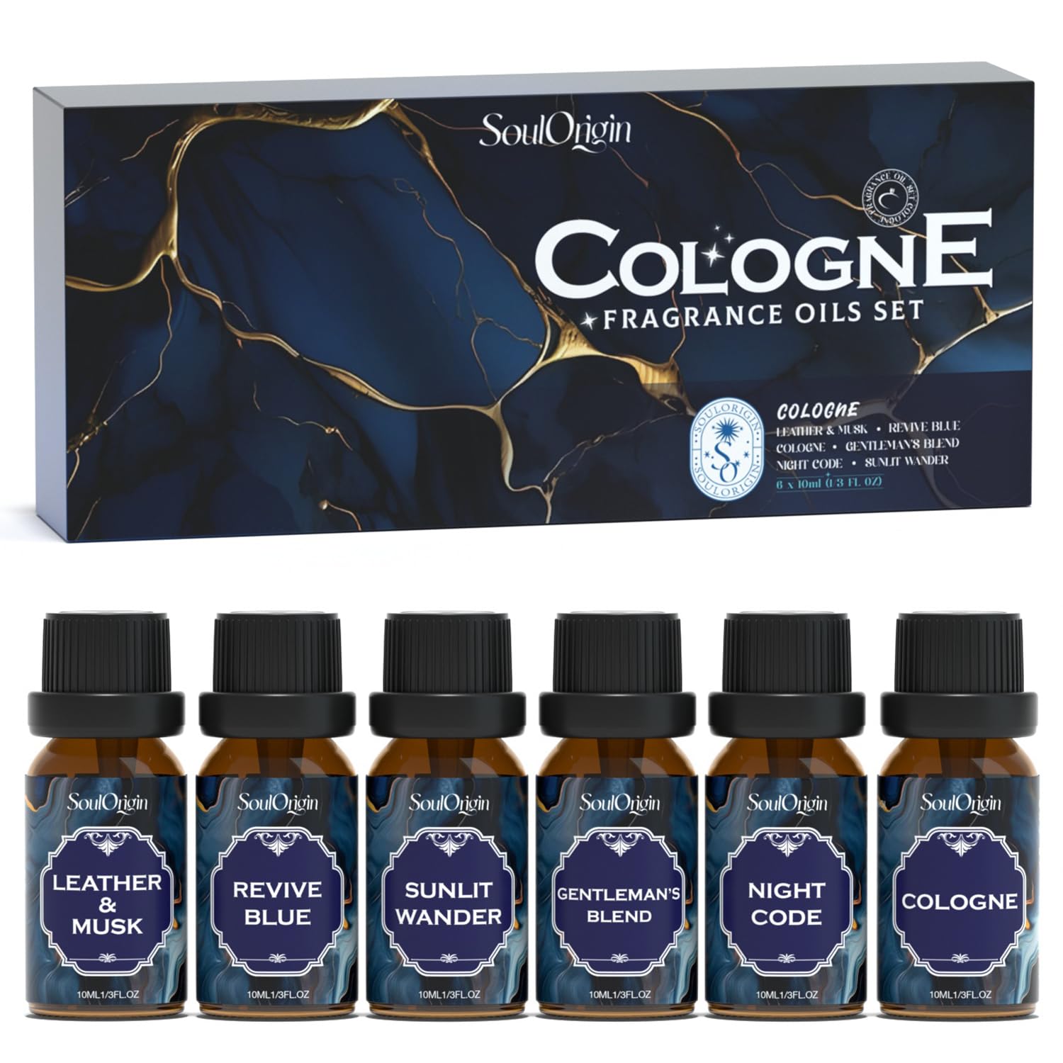 Soulorigin Cologne Fragrance Oils Set, Essential Oil for Diffuser, Men Scent Diffuser Oil, Use for Soap Candle Making, Cologne, Leather&Musk, Revive Blue, Sunlit Wander, Gentleman's Blend, Night Code