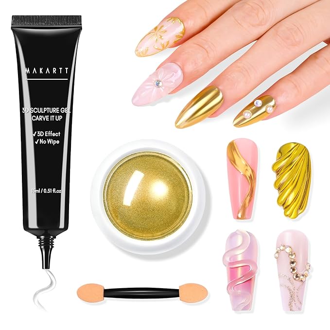 Makartt 15g 3D Nail Gel & Gold Chrome Nail Powder Kit for Sculting and Drawing
