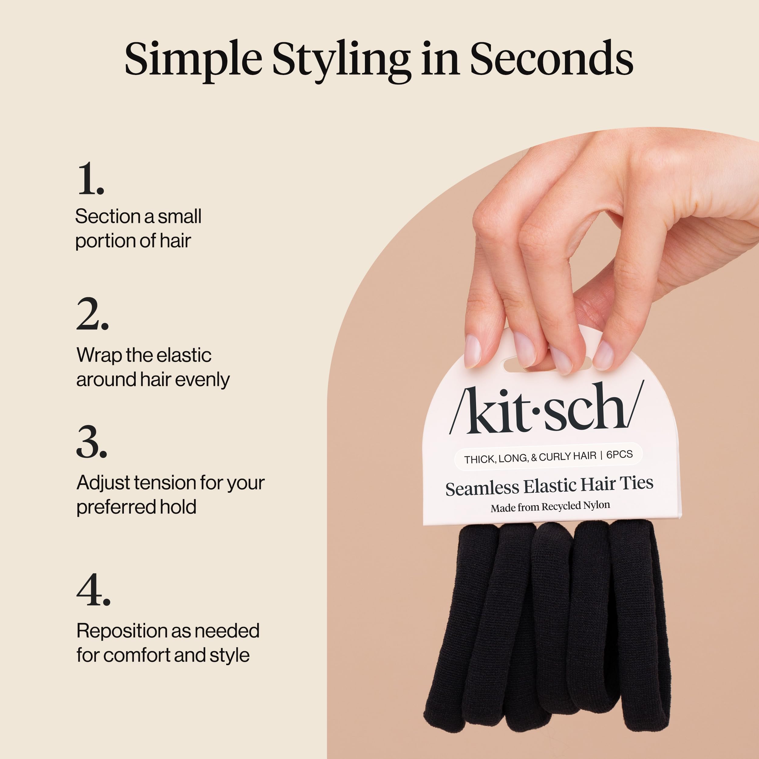 Kitsch Elastic Hair Ties No Damage | Stretchable Hair Bands - Black, 6pcs