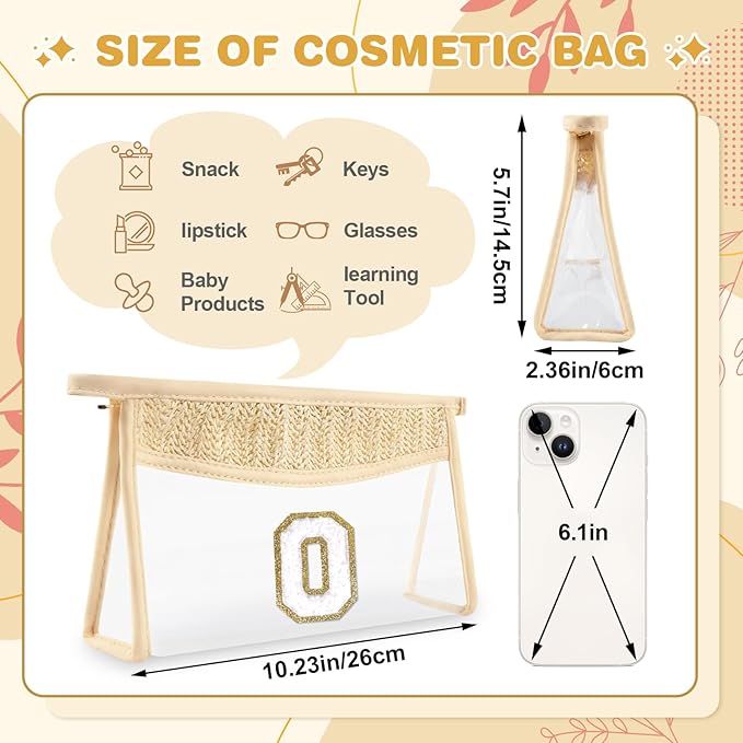 UIXIZQ Personalized Initial Letter Bag Boho Straw Clear Makeup Bag,Small Cute Chenille Varsity Letter Pouch With Zipper,Beach Travel Toiletry,Portable Monogrammed Cosmetic Bag for Women Girls,O