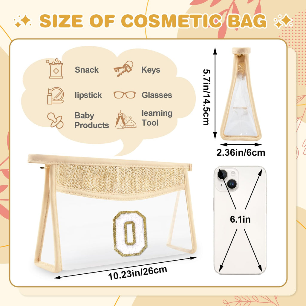UIXIZQ Personalized Initial Letter Bag Boho Straw Clear Makeup Bag,Small Cute Chenille Varsity Letter Pouch With Zipper,Beach Travel Toiletry,Portable Monogrammed Cosmetic Bag for Women Girls,O
